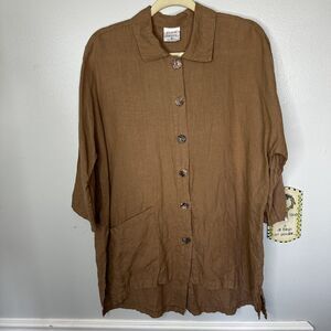 Click USA 100% Linen Loose Boxy 3/4 Sleeve Button down Top Shirt Large 48B 32L